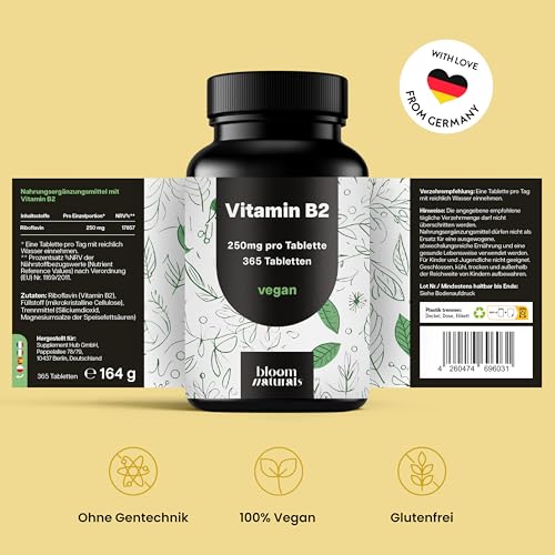 Vitamin B2 hochdosiert - 365 Tabletten - 250 mg Riboflavin, vegan & produziert in Deutschland - Laborgeprüft - Verpackung kann variieren