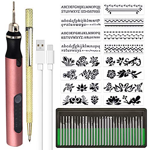 Rechargeable Cordless Electric Micro Engraver Pen Mini DIY Engraving Tool Kit for Metal Glass Ceramic Plastic Wood Jewelry with 30 Bits and 16 Stencils and 1 Scriber Pen (Rose Gold)