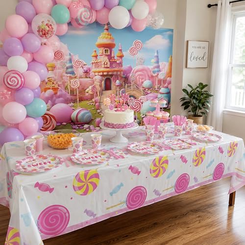 Image of Blue Orchards Candy Table Covers (Pack of 3) - 54 inchx108 inch XL - Table Cloth, Party Supplies, Decorations, Lollipop Birthday Party, Halloween Candyland Theme Disposable Plastic Tablecloth Pack