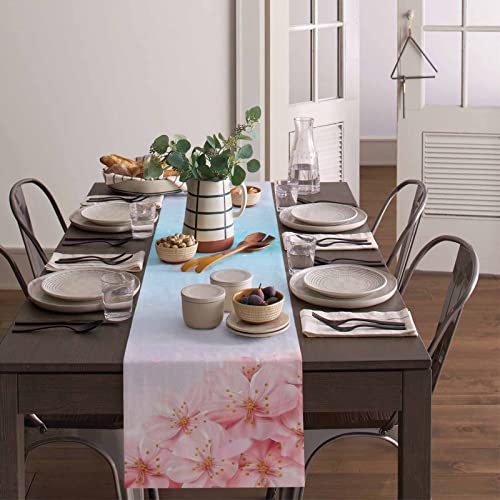 Spring Cherry Blossoms Table Runner 36 Inches, Falling Flowers Pink Blue Ombre Bed Runner Dresser Scarves Tabletop For Indoor Outdoor Parties/Ceremony/Banquet, 13"X 36" #TOP3