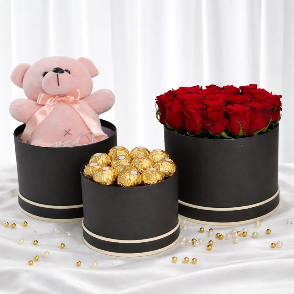 Oasis Paper Gift Box Empty, Decorative, Reusable, Multipurpose Birthday, Anniversary, Wedding, Return Gifts Hamper Packaging (Set of 3) Round Black & Cream-image-14