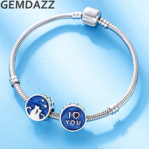 I Love You Couple Cat In Night Sky Charms, Fit Pandora Valentines Bracelet, 925 Sterling Silver Always By Your Side Lover Cat Blue Enamel Beads, Gift For Wife/Husband #TOP2