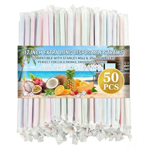 50 Pcs Extra Long Disposable Straws Compatible with Stanley 40 oz 30 oz Tumbler, 12 Inch Individually Wrapped Colorful Plastic Straws for Cold Drinks, Smoothies, Coffee, Party & Travel