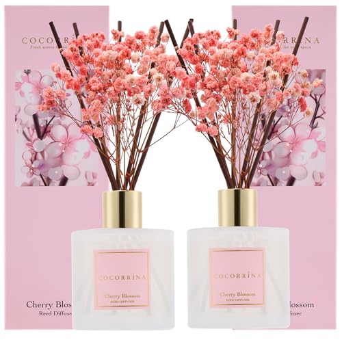 COCORRÍNA Diffuseur de Parfum avec 8 bâtons 200ml, Cherry Blossom, 2 Packs, Naturel, Longue durée, Parfum d'intérieur pour Salle de Bain Décoration...