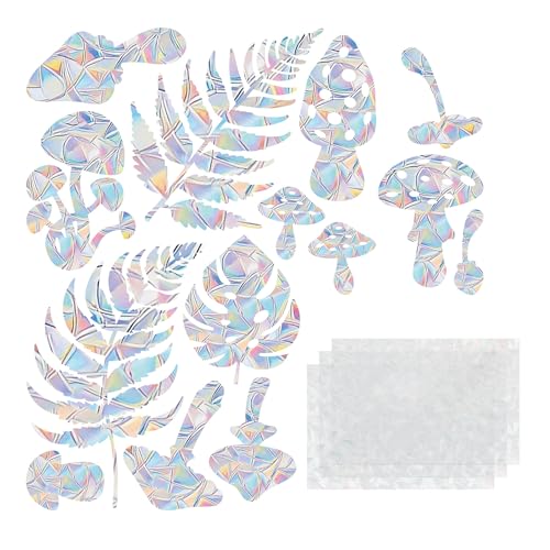 CAPASTEC Juego de 3 Sets 42 Piezas Pegatina Anticolisión de PVC para Ventanas con Diseño Protección de Aves Película Arcoíris para Ventanas Pegatina Decorativa de Setas y Hojas