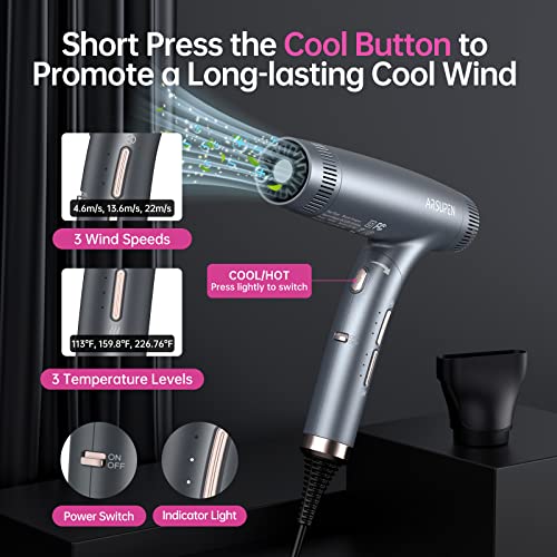 Arsupen Professional Hair Dryer With Powerful Brushless Motor, Lightweight Foldable Dual Ionic Blow Dryer, High Speed For Fast Drying With Magnetic Nozzle, 12 Modes, Super Quiet, For Travel Salon Home #TOP2