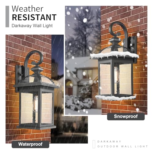 Image of Darkaway Dusk to Dawn Outdoor Lights Fixture Wall Mount,Large 22inch Exterior Wall Light with Seeded Glass Waterproof Black Outside Wall Sconce for House Porch Hallway Garage