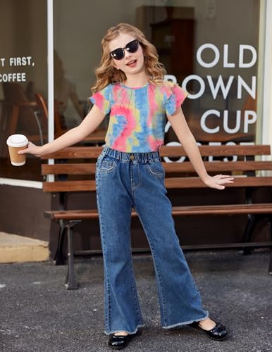 Image of Arshiner Girls T Shirts Ruffle Short Sleeve Summer Pleated Crewneck Casual Tops Tees Blouses