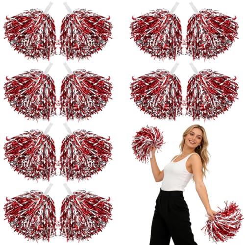 Hslife 12 Pcs Cheerleading Pom Poms Cheer Pompoms Bulk with Metallic Foil Handle Lightweight for Cheerleading Sports Games Party Dance Costume Accessories (Red Slivery)