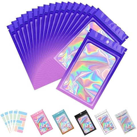 100 Pack Holographic Bags, Resealable Bags for Small Business with Front Window Sample Bags Candy Bags Sealable Mylar Bags with 100 Color Labels(Purple-Pink,5 * 7 Inch) Cover