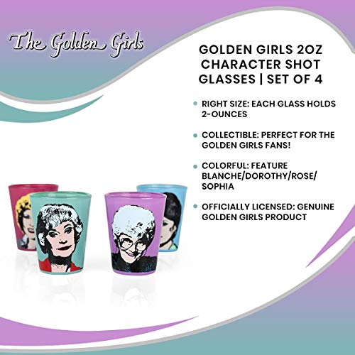 JUST FUNKY Golden Girls Character Shot Glasses - Unique Collectible 4-Piece 2oz Glass Set - Perfect for Game Night, Bachelor/Bachelorette Party Favor, College Graduation - Funny Birthday, Mom