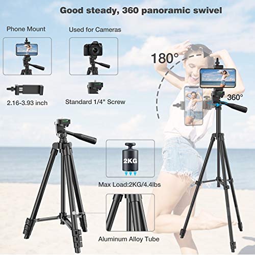 Phone Tripod, 51\" Extendable Travel Lightweight Tripod Stand with Carrying Bag, Universal Tripod with Bluetooth Remote, Cell Phone Mount for iPhone Xs/Xs Max/Xr/X/8/8 Plus/Samsung/Android Phone,Camera - Thumbnail 6
