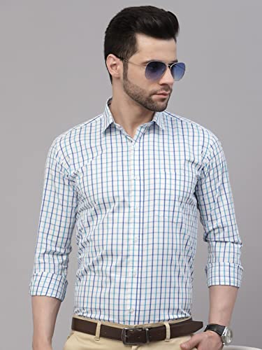 Image of Style Quotient Men White and Turquoise Checks Yarn Dyed Polycotton Regular Formal Shirt
