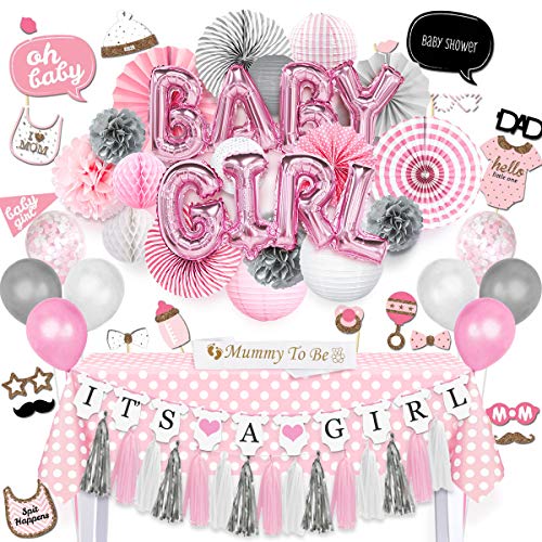 NICROLANDEE Baby Girl Baby Shower Decorations Princess Pink Baby Girl Balloon Paper Lanterns Tissue Poms Party Fans Rectangle Tablecloth Mommy to Be Sash Photo Booth Props for Baby Shower Birthday