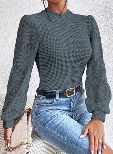 Image of BLENCOT Womens Casual Crochet Top Mesh Lace Long Sleeve Shirts Waffle Knit Blouse Crewneck Shirt Fall Womens Tops Pullover