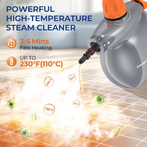 Image of Steam Cleaner, Pressurized Handheld 13pcs Multi-Purpose Natural Deep Cleaning Steamer, Portable Steamer for Cleaning Home, Grout, Kitchen, Car, Window, Upholstery, Bathroom and Clothes, Orange&Gray