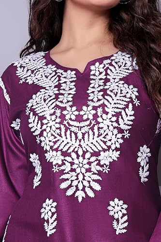 Image of Women's Embroidered Kurta with Palazzo Set, Purple, Floral Chikankari Work, Full Sleeve, Ethnic Wear