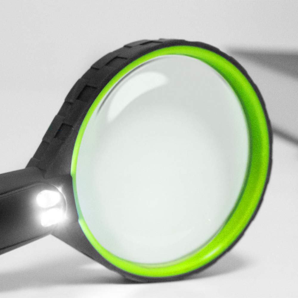 Lupa de Mano con luz LED, Lupa de Lectura para Personas Mayores, los Estudiantes observan la Lupa con Mango de Goma Verde con luz LED Interesting