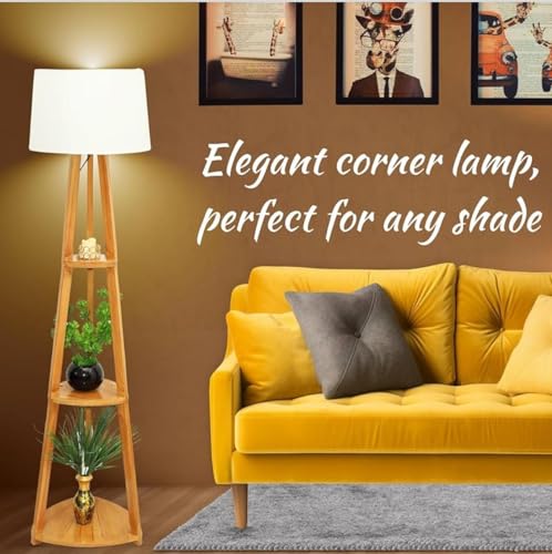 Image of Modern Tripod Floor Lamp with Shelves, Natural Jute Shade, Wooden Stand,Living Room Decorative Light with LED Bulb, Energy Efficient Uplight