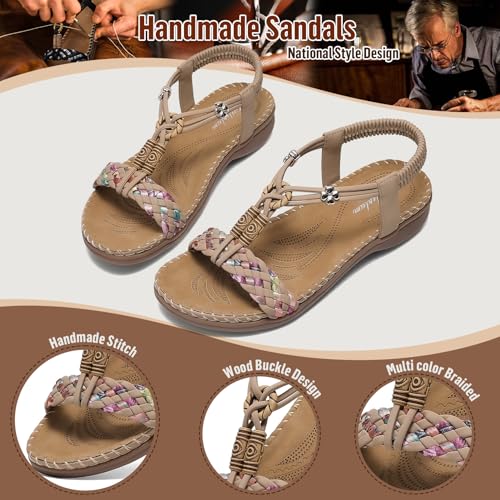 Image of Littleplum Women Sandals Arch Support Handmade Bohemian Braided Flat Sandals Comfort Walking Beach Ankle Elastic Summer Shoes