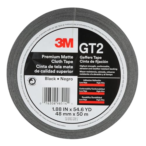 3M Premium Matte Cloth (Gaffers) Tape GT2, High-Strength, Indoor/Outdoor Use, Black, 48 mm x 50 m...