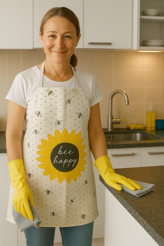 JYOTEX Sunflower Pattern Be Happy Kitchen Apron with Motivational Quote, Cotton, Yellow and White (D)-picture-33