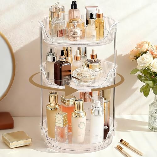 3 Tier Clear Makeup Organizers, 360 Rotating Cosmetic Storage, Spinning Skincare Bathroom Organiser Large Capacity, Perfume Tray, Storage Skincare Vanity Organiser Bathroom Decor Accessories