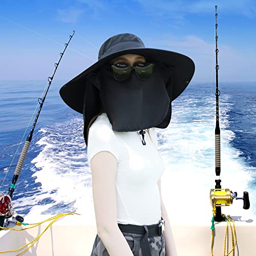 Image of Women Wide Brim Face Mask Sun Hat Detachable Neck Face Flap Ponytail UV Protection Visor Hat Garden Fishing Hiking