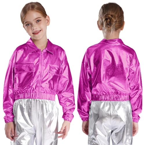 Loyan Kids Boys Girls Zip Up Coat Bomber Jackets with Pockets Sequin Hip-hop Jazz Street Dance Crop Tops