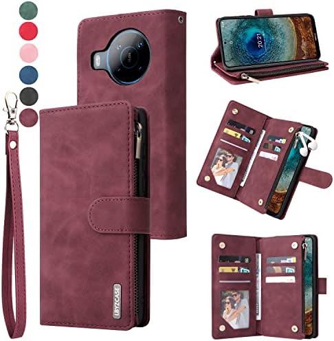 LBYZCASE for Nokia X100 Case with Card Holder,Durable Luxury Magnetic Folio Flip Leather Zipper Pocket Wrist Strap Kickstand Women Men Phone Case Cover for Nokia X100 (Wine Red)