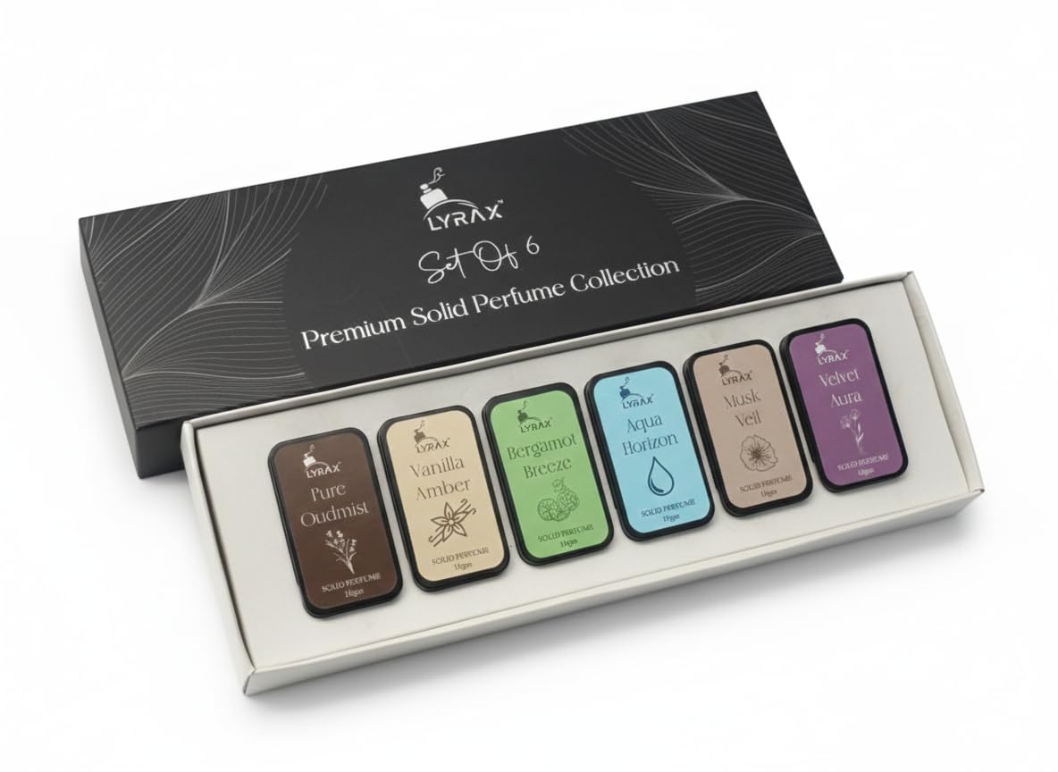 Lyrax Premium Solid Perfume Collection Set of 6 | Long Lasting Unisex Solid Perfume | Oud, Vanilla, Citrus, Aqua, Musk & Velvet Notes | Travel Friendly Solid Perfumes (6x10gm)-image-28