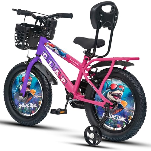 Image of Shark Tank 16T Kids Bicycle for Boys & Girls with Inbuilt Carrier, Front Basket, PU Soft Seat, Full Chain Cover & Stylish Wheelcards (Purple /Pink)