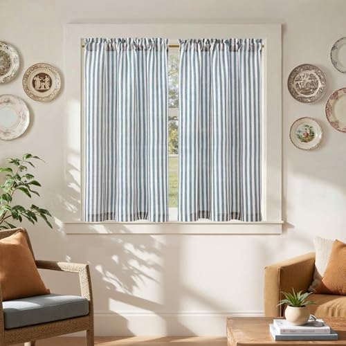jinchan Cortinas de cocina a rayas, cortinas de lino a rayas de 45 pulgadas de largo, cortinas cortas de granja para baño, sala de estar, caravana, rústico, 2 paneles, azul sobre beige