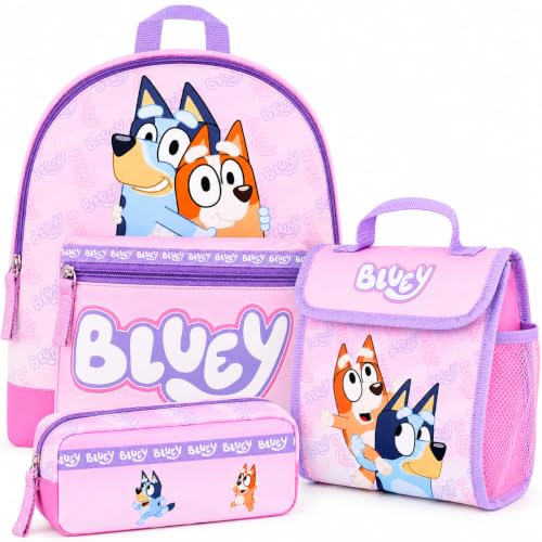 Bluey Backpack for Girls Pink, 3 Piece Set with Lunch Box and Pencil Case