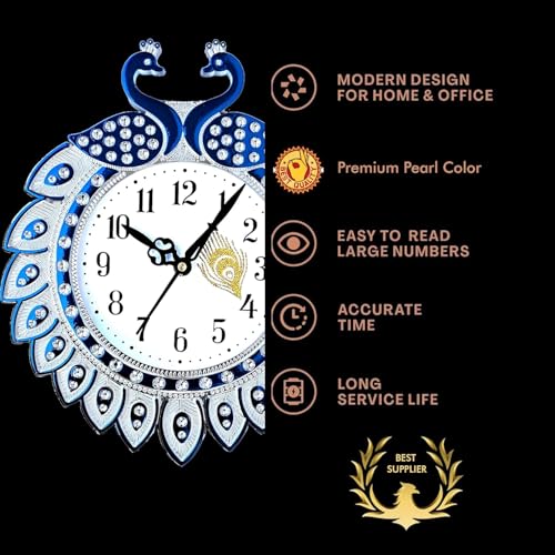 Image of Peacock Design Analog Wall Clock for Living Room | Decorative Modern Designer Wall Clock for Home Decor | Stylish Flower Pattern Wall Clock for Hall, Bedroom & Office | Silent Sweep Quartz Clock-Blue
