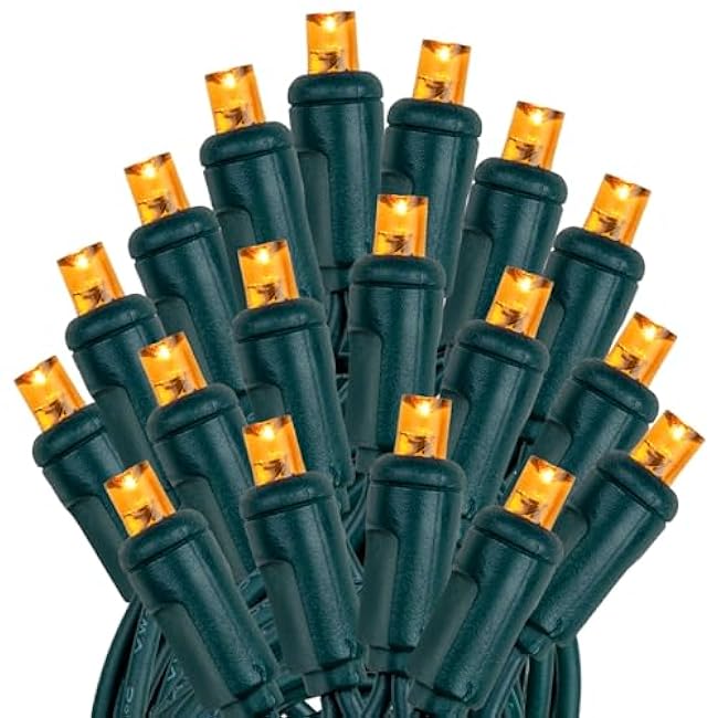 Novelty Lights 11ft 50 LED Amber Christmas Lights Outdoor/Indoor, 2.5 Spacing, Green Wire String Lights for Festive Xmas Lighting, IP55, UL Listed, Dimmable, Connectable