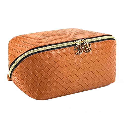 Keke International Portable Cosmetic Bag with Flat Open Design for Easy Access - Multifunctional Storage and Organization for Women's Makeup, brown, Portable Makeup Bag Opens Flat for Easy Access