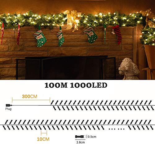 Avoalre 100 m lichtsnoer met 1000 leds, kerstverlichting, IP44 waterdicht, outdoor lichtketting, 8 modi met geheugenfunctie, warm wit, lichtsnoer voor Kerstmis, tuin, feest, verjaardag, bruiloft - Image 5