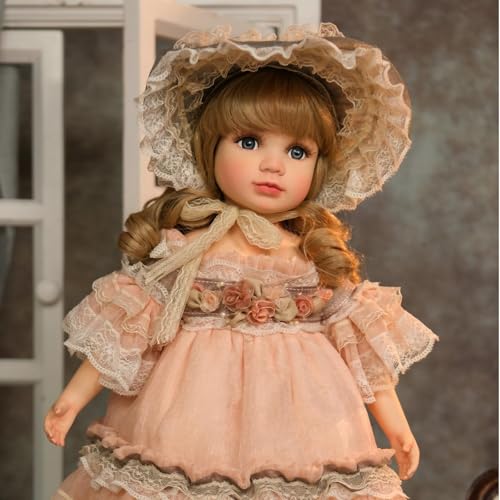 Cloveray 18 Inch Kawaii Porcelain ＆ Fabric Doll Cute European Retro Handmade Ceramic Doll with Showing Stand for Room Decor, Birthday Gifts,...