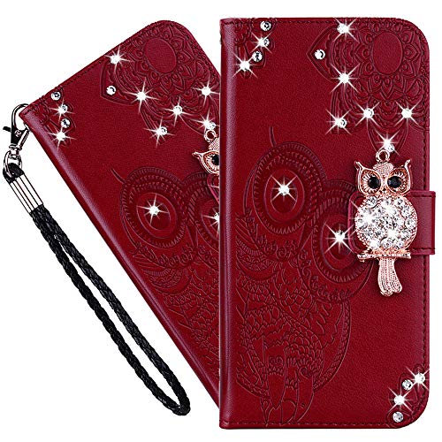 COTDINFORCA Compatible with Samsung Galaxy A70 Case Galaxy A70 Glitter Wallet Case Leather with Card Slots Flip Case for Women Crystal Owl Embossing Shockproof Case for Samsung Galaxy A70 Red YK