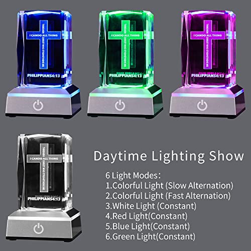3D Cross Figurine Philippians 4:13 Strength Bible Verse With Colorful Light Base, Laser Engraved Crystal Crucifix Religious For Women Men Gifts , Christmas Good Friday And Easter Day Christian Cross Decor #TOP2