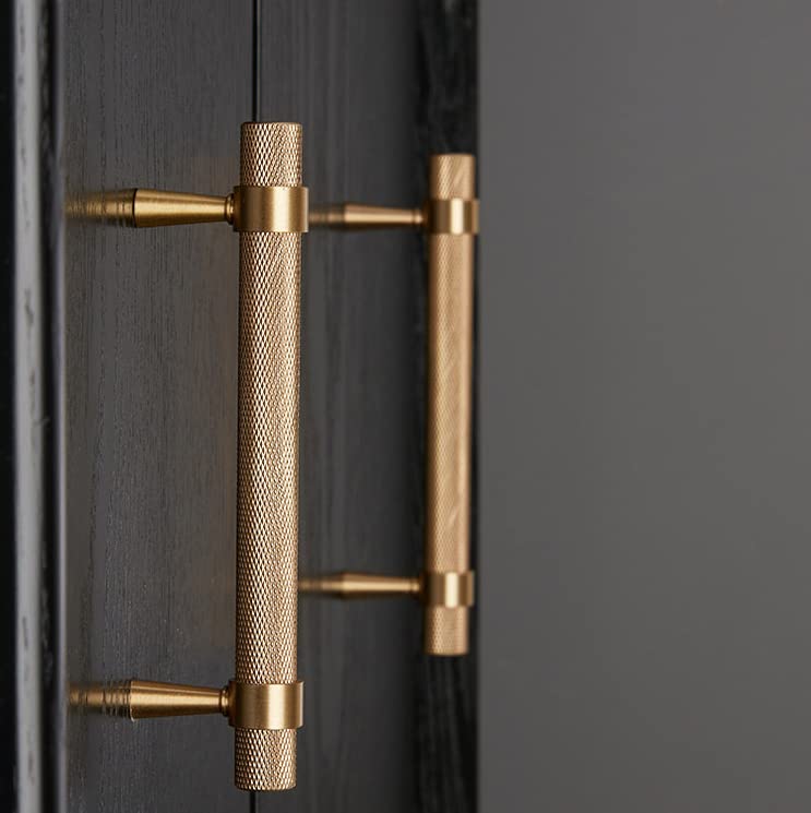 BWRMHMESet of 2 Solid Brass Cabinet Drawer Pulls 6.3 Inch Length (5 Inch Hole Centers) Furniture Hardware Gold Hole Knurled Textured Modern Kitchen Cabinet Handles Bedroom Brass T Bar (2, Gold)