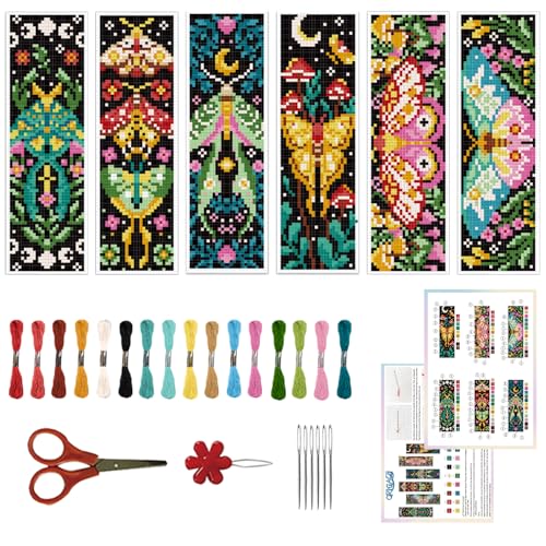 ORIGACH 6 Pcs Cross Stitch Bookmark Kit for Beginner Adults Vivid Moths Stamped Embroidery Bookmark Kit with Instruction for Starters Printed Cross Stitch DIY Kits for Book Lovers