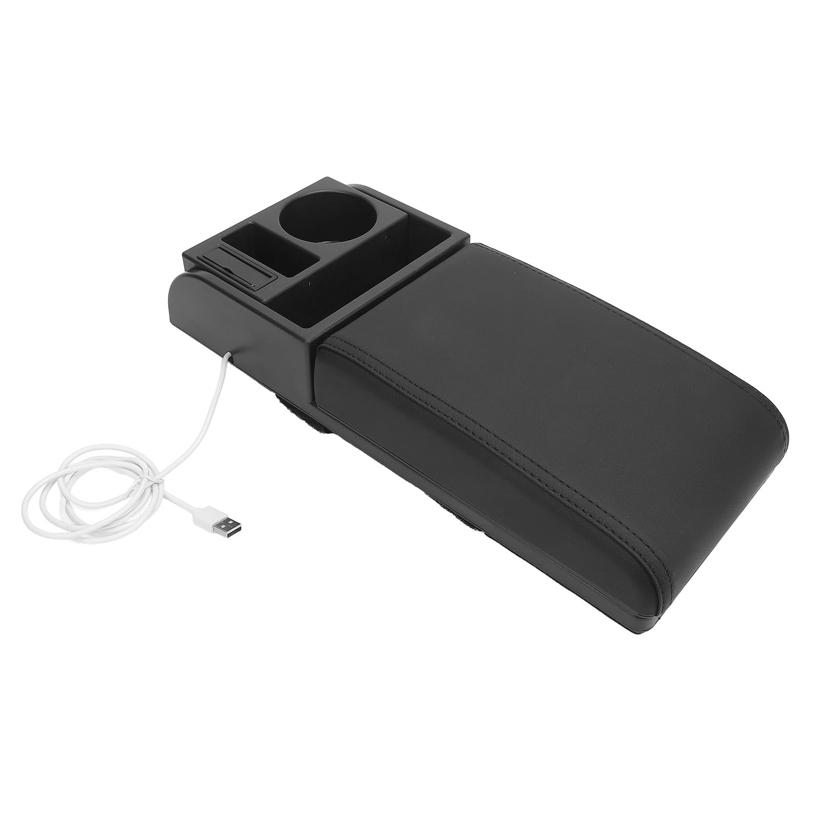 Copri Bracciolo Console Centrale con Porta di Ricarica USB, Portabicchieri, Lunghezza Regolabile, Morbida Pelle PU, Imbottitura in Memory Foam per Auto SUV Camion Furgone (Nera)