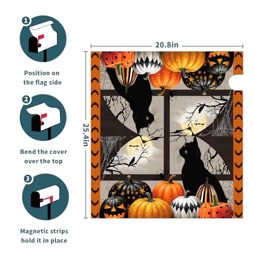 Image of Funny Black Cat Halloween Mailbox Cover - Magnetic, Large Size 25.5 inchx21 inch Fall Holiday Mailbox Wrap for Outside Home