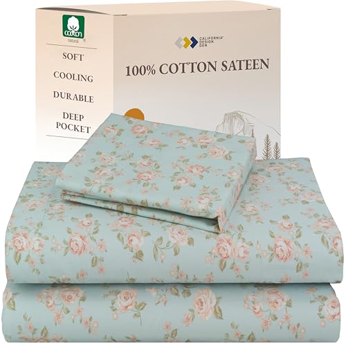 Image of California Design Den Rose Sheet Set Twin XL, 100% Cotton 12 inch Pocket Twin XL Sheets & Pillowcase Set, Soft Sateen Weave - Vintage Rose