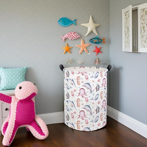 Image of Baby Laundry Basket Baby Hamper for Nursery Girl Kids Ocean Hamper Cute Storage Bin Organizer Pink Room Decor for Home(Pink Ocean)