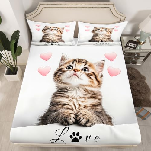 Lovely Kitty Fitted Sheet,3D Kawaii Cute Cat Print Bedding Set for Kids Teens Adults,Gradient Pink Hearts Romantic Style Bed Sheet with 2 Pillowcases(No Top Sheet),Queen Size 3 Pcs