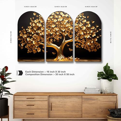 Image of Livin'luxe Luxury Golden Tree Wall Painting Set of 3 | Modern Tree of Life Arch Artwork | HD Sparkle Laminated PVC Framed Decorative Wall Decor for Living Room, Bedroom, Hallway & Office 30 Inch x 50 Inch