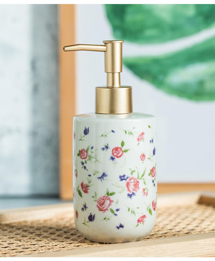 NIORYUZ Elegant Ceramic Hand Soap Dispenser Refillable Vintage Rose Bathroom Kitchen Restroom Countertop Dish Soap Lotion Dispenser Pump Bottles Home